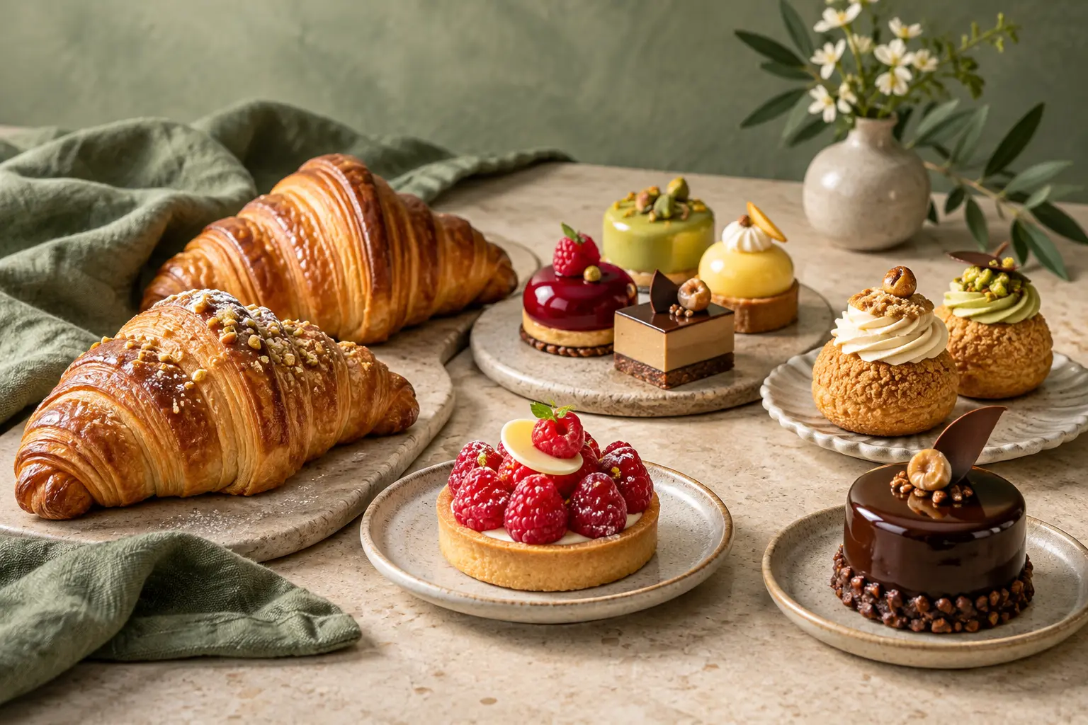 Selezione di pasticcini artigianali, croissant e tartelletta ai lamponi
