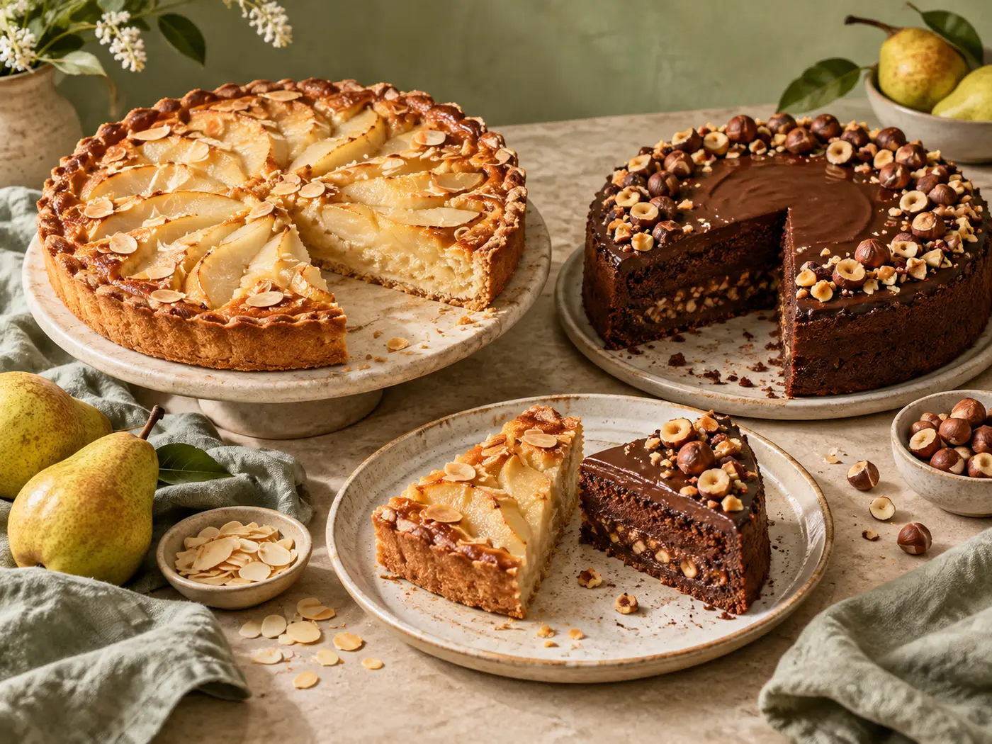 Crostata di pere e mandorle e torta al cioccolato e nocciole da condividere