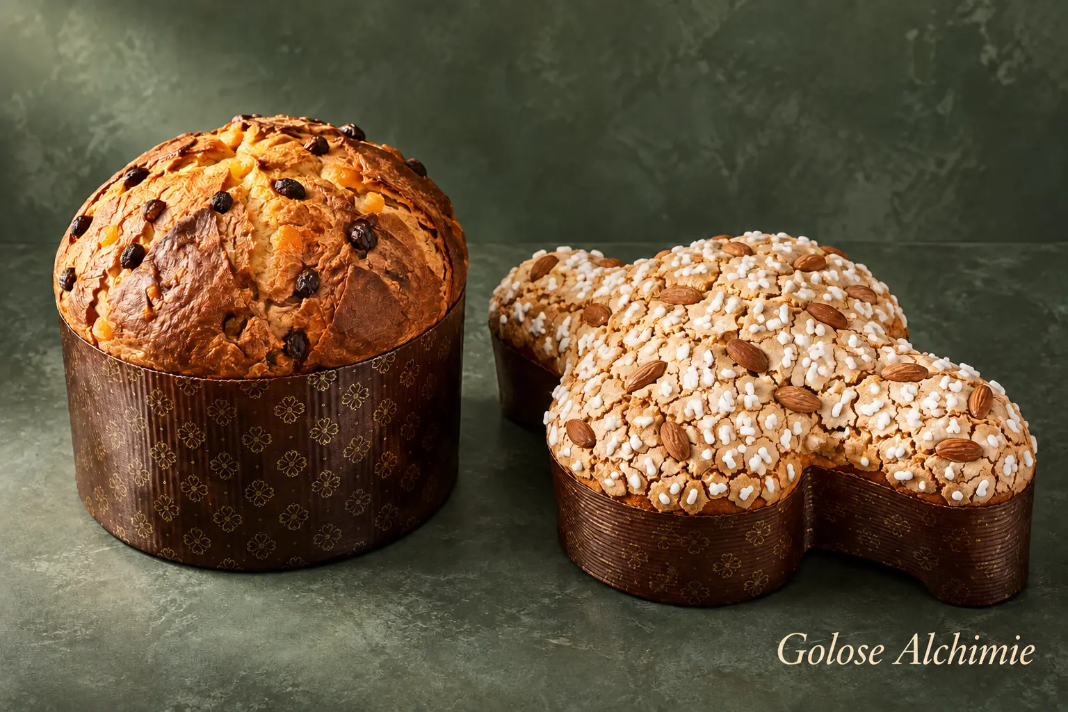 Panettone classico e colomba con mandorle e granella di zucchero, su uno sfondo verde salvia con la scritta Golose Alchimie