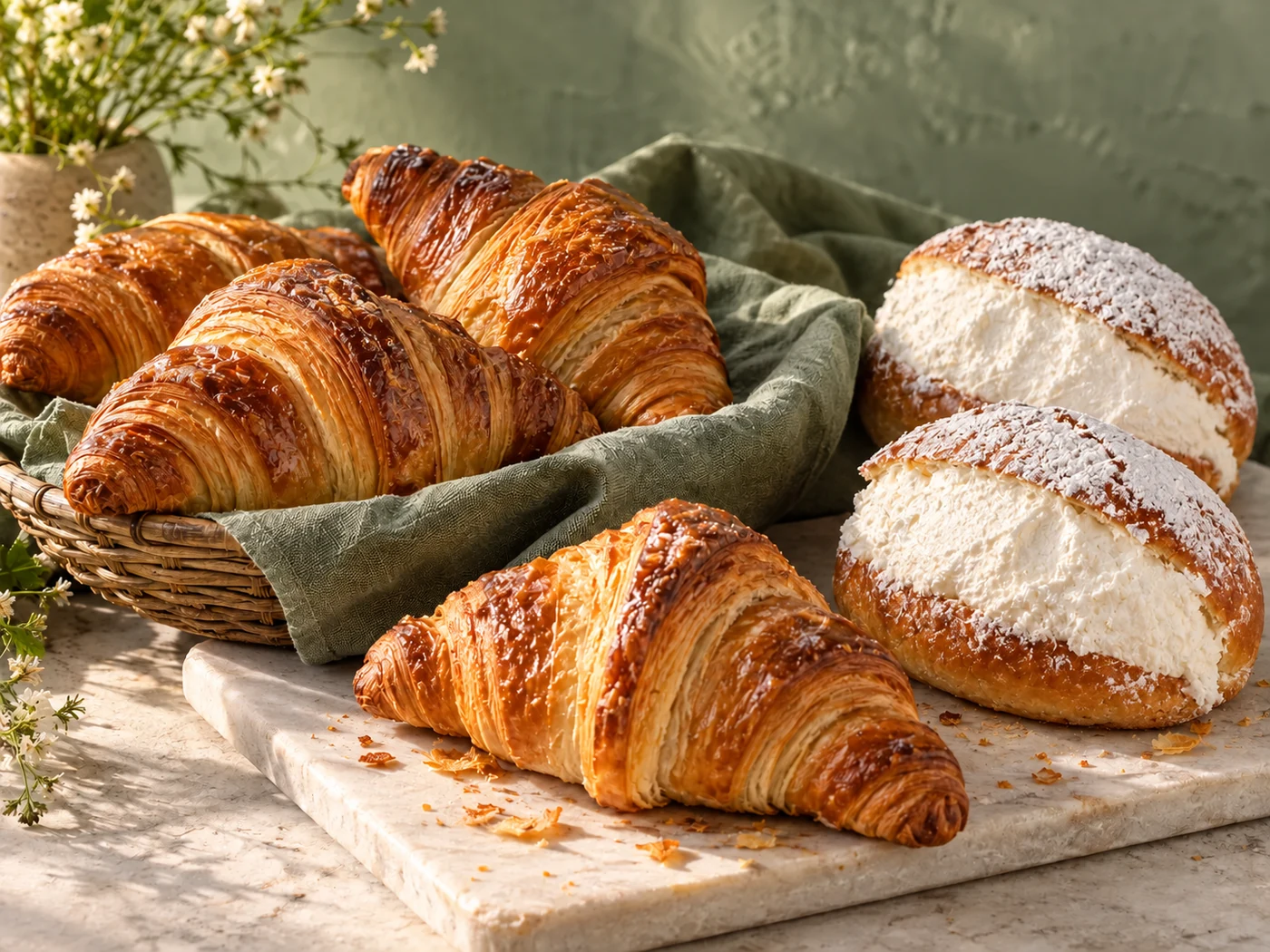 Croissant, brioche intrecciata e pane a lievitazione naturale