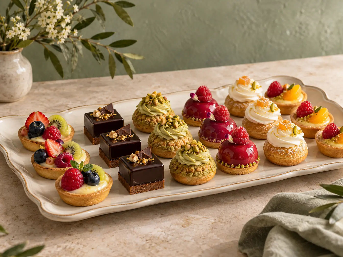 Assortimento di pasticceria mignon con cioccolato, pistacchio, lampone e agrumi